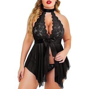 Avidlove Plus Size 16W High Waist Deep V Lace Babydoll Chemise With Mesh Skirt